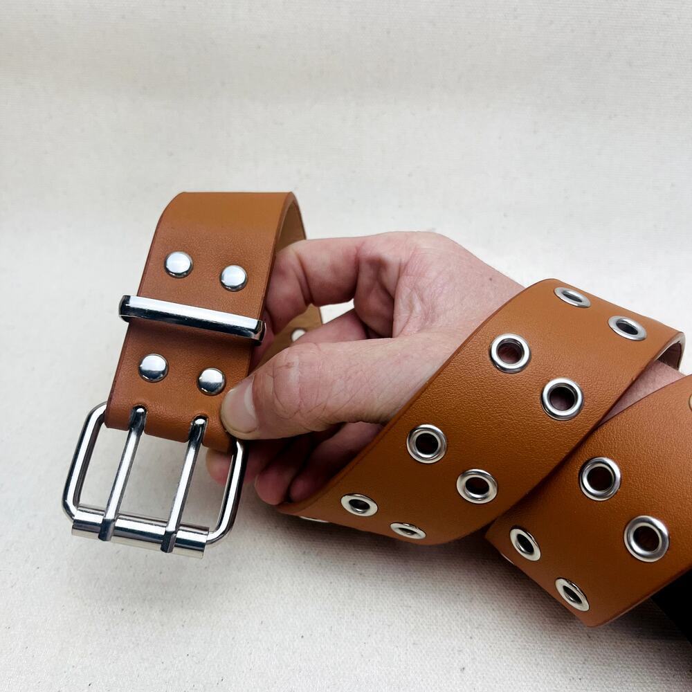 y2k style round studded vegan leather carmel and silver grunge belt